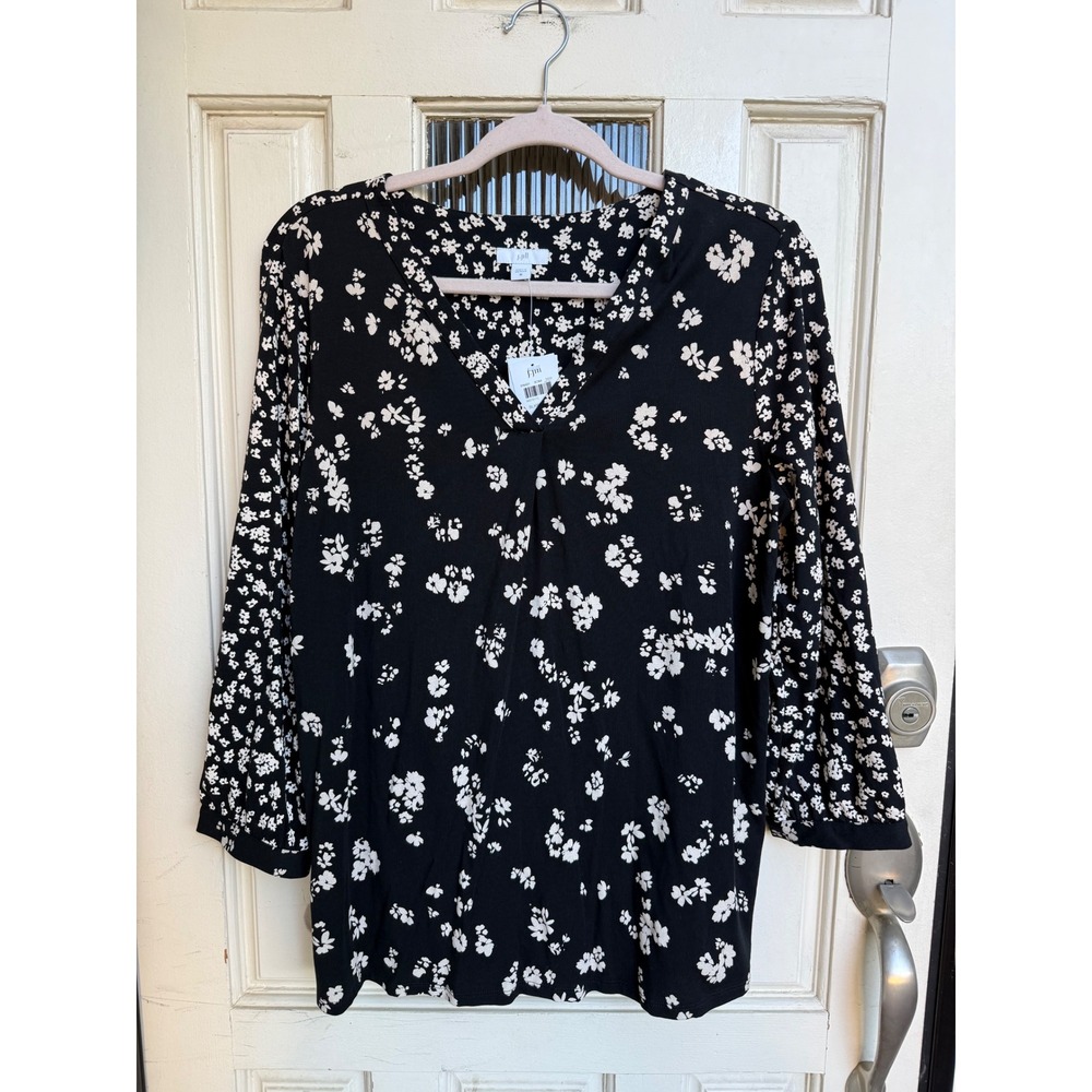 J. Jill Womens Black White Floral Split V-Neck 3/4 Sleeve Knit Top Size Medium
